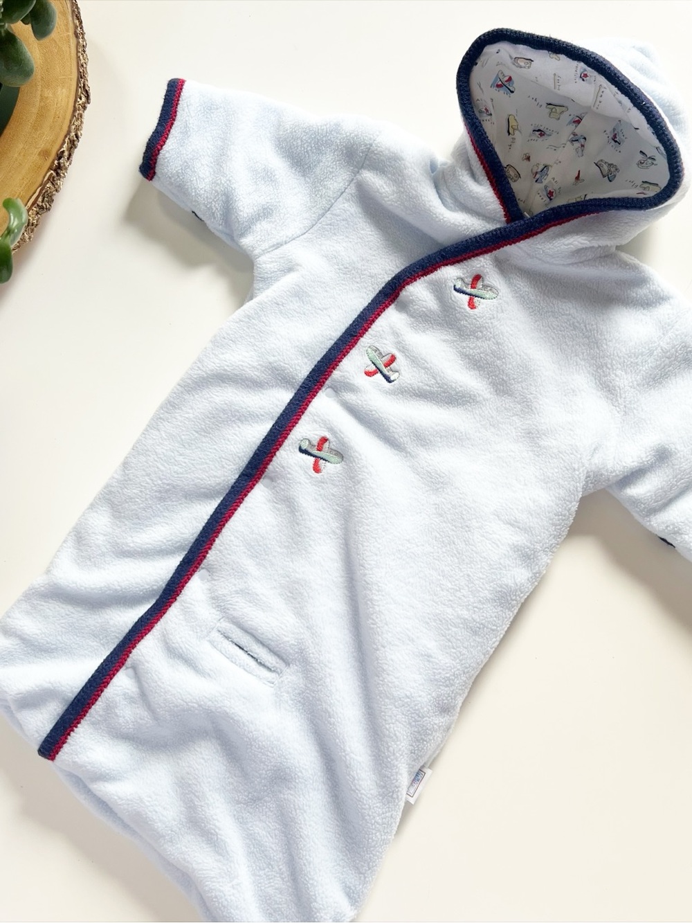 Vintage Mc Kids Blue Fleece Airplane Winter Hooded Coverall Bunting | 0-3m +